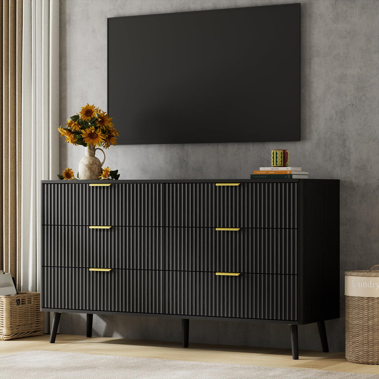 LYNSOM 6 Drawers Fluted Dresser for Bedroom, 55" Wide Modern Chest of Drawers with Metal Handle and Curved Profile Design, Dresser TV Stand, Wood Drawer Organizer for Living Room, Hallway, Black LYNSOM