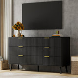 LYNSOM 6 Drawers Fluted Dresser for Bedroom, 55" Wide Modern Chest of Drawers with Metal Handle and Curved Profile Design, Dresser TV Stand, Wood Drawer Organizer for Living Room, Hallway, Black LYNSOM