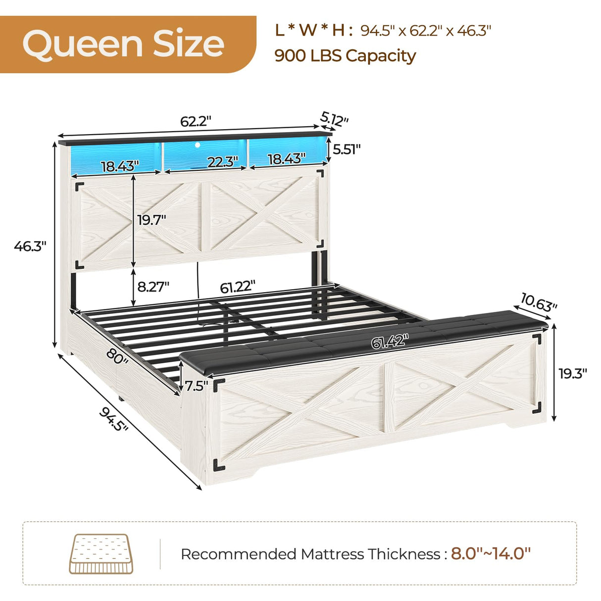 DICTAC Farmhouse Queen Bed Frame with Storage Headboard, Charging Station and LED Lights Queen Size Platform Bed Frame with Storage Ottoman, Metal Slats Support, No Box Spring Needed, Antique White DICTAC