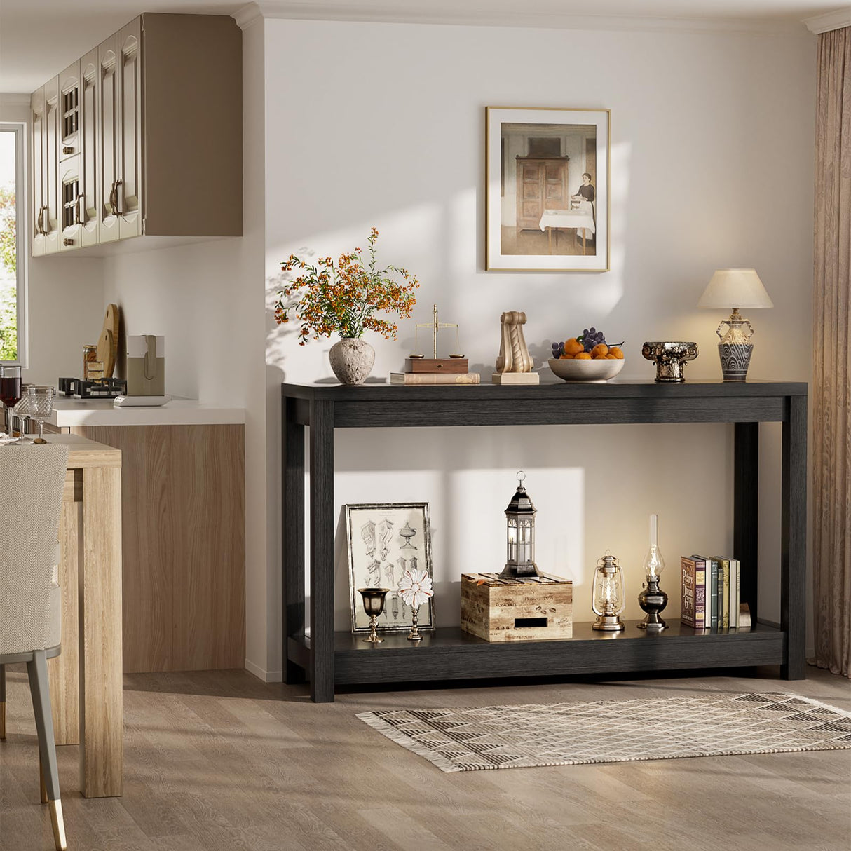 Besiost 47" Farmhouse Wood Entryway Table Narrow Console Table with Storage Behind Couch Sofa Table with Shelves Entry Way Table with Open Storage, Easy Assembly, Embossed Wood Grain Black Besiost