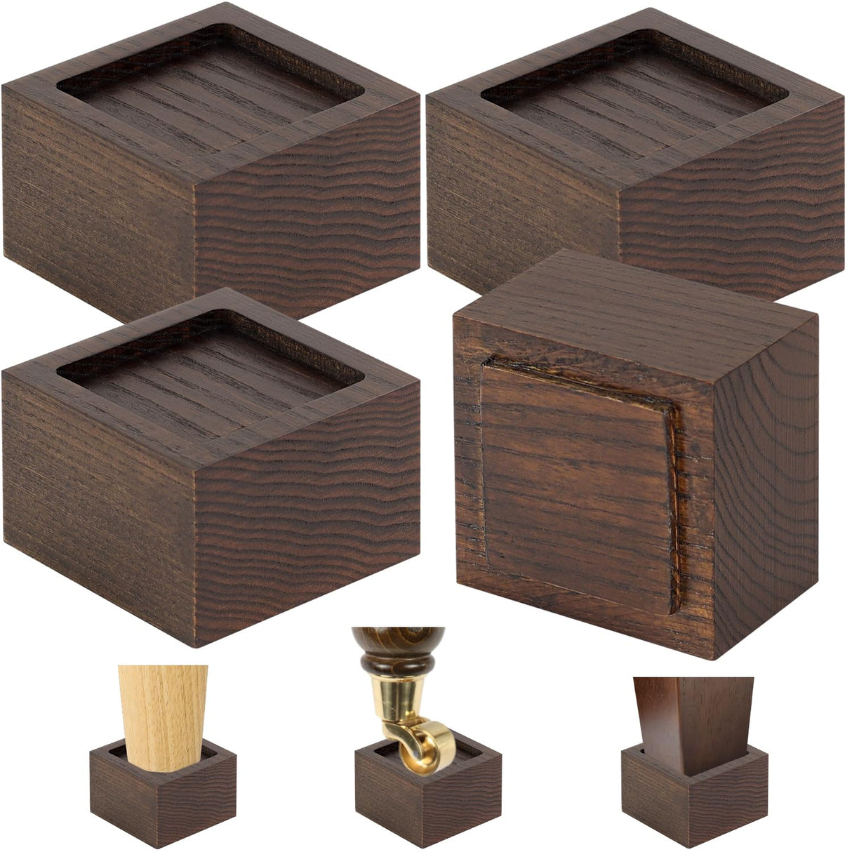 FASONLA Bed Risers (Set of 4) Furniture Risers Lifts Height 2", Oak Solid Wood Risers for Bed, Furniture, Table, Sofa, Chair Risers with Non-Slip Recessed Hole (4pcs-2" Hight-Walnut Color) FASONLA