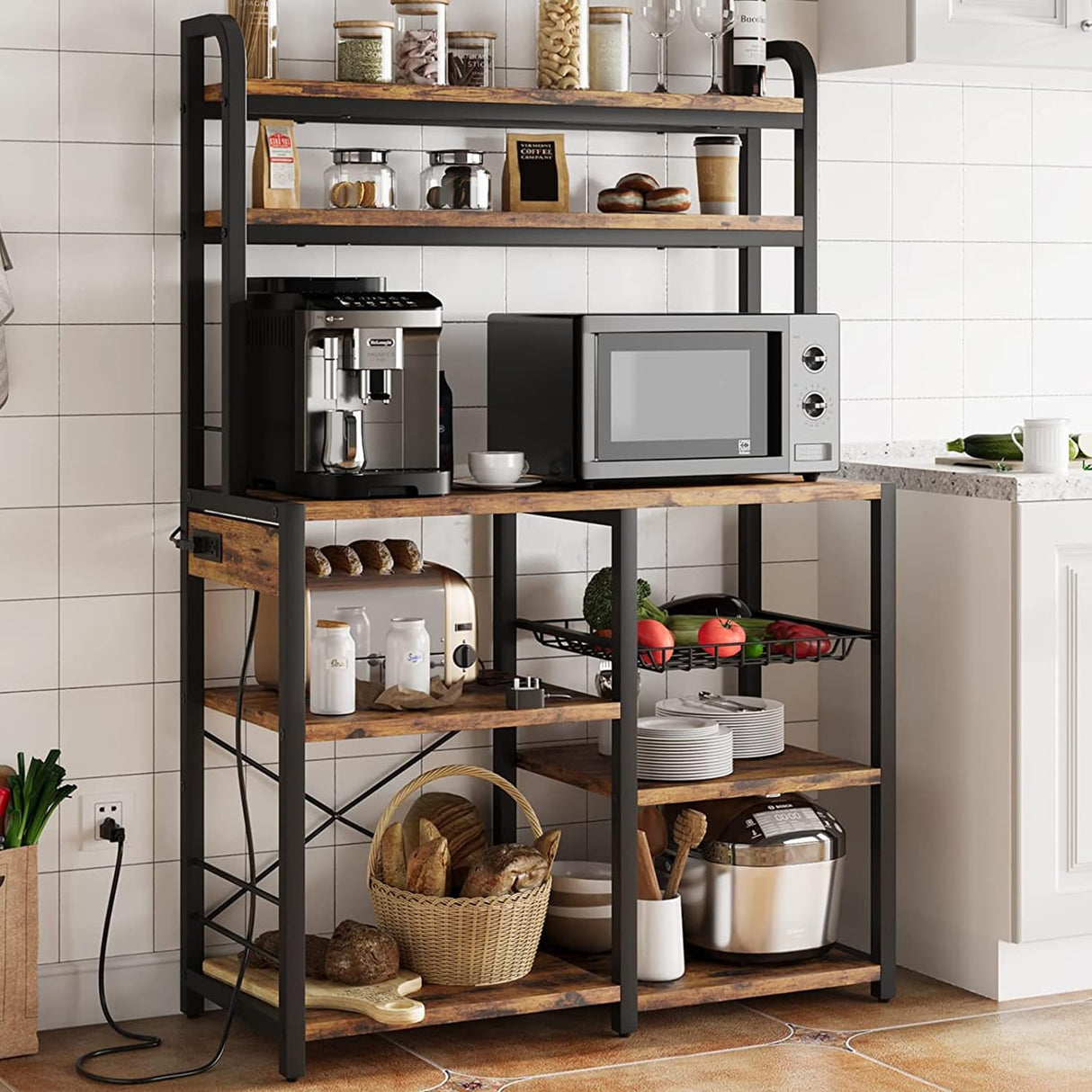 GarveeHome Microwave Stand Bakers Rack with Power Outlet, Kitchen Baker Rack with Wire Basket, 6-Tier Large Freestanding Utility Storage Shelf for Kitchen Dining Living Room, Rustic Brown GarveeHome