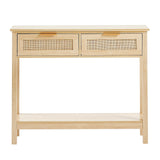 VEVOR Rattan Console Table with 2 Storage Drawers, Rattan Entryway Table with Natural Rattan Sliding Door, Console Sofa Table for Living Room, Study, Entryway Or TV Wall, Natural VEVOR