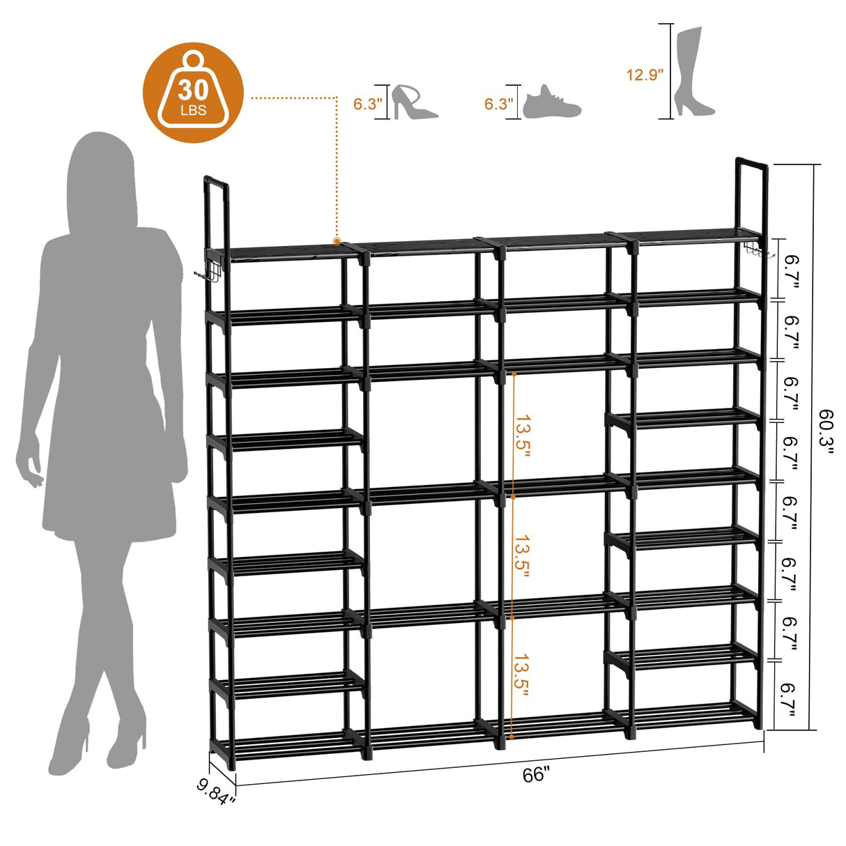 WOWLIVE 4 Row 9 Tiers Extra Large Shoe Rack 72-80 Pairs Big Tall Metal Shoe Shelf, Heavy Duty Organizer for Closet Entryway, Boot Rack Storage Stackable Stand for Garage Black WOWLIVE