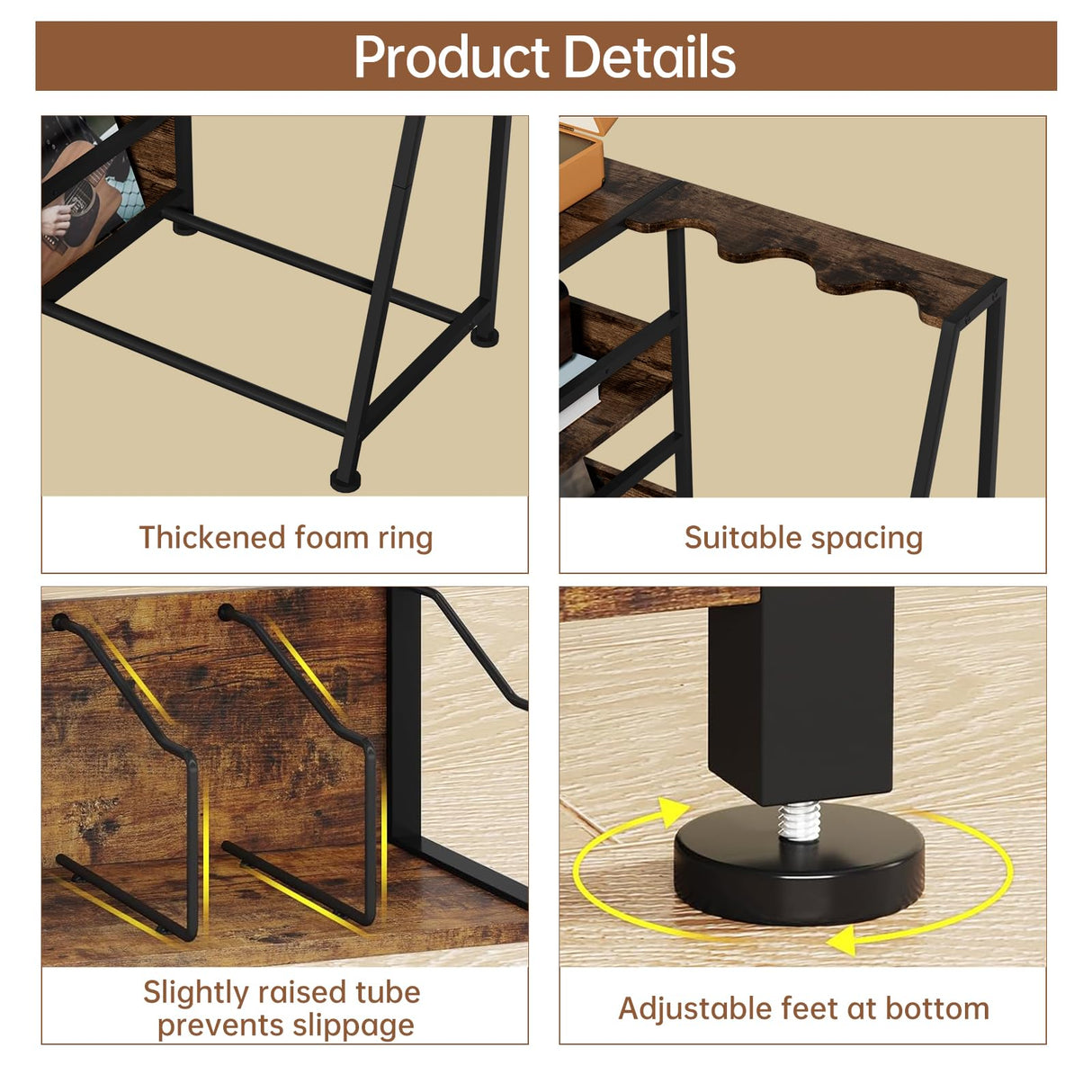 Hosfais Record Player Stand, 3 Tier Guitar Stand for Acoustic, Electric Guitar, Bass Stand, Vinyl Record Storage Up to 200 Albums, Brown Records Shelf for Living Room Bedroom Hosfais