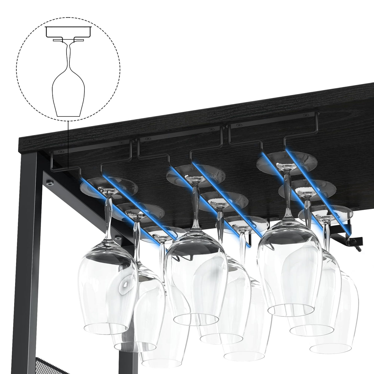 GarveeHome 3-Tier Wine Bar Cabinet with LED Lights, Detachable Wine Rack and Storage Space, Buffet Cabinet with Glass Holder and Mesh Door, for Kitchen, Living Room and Bar, Black GarveeHome