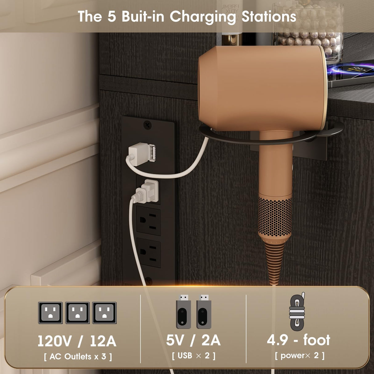 Vabches Black Vanity Desk, Vanity Mirror with Lights, Makeup Vanity Desk with Stool, Vanity Table with Large Storage Drawers and Shelves, Time and Temperature Display, 3 Led Lighting Modes Adjustable Vabches