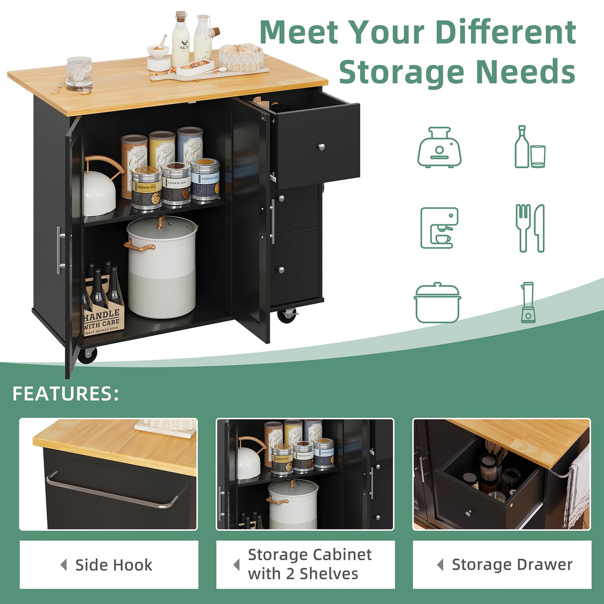 Shintenchi Rolling Kitchen Island Cart with Folding Drop Leaf Breakfast Bar, Portable Trolley Island with Large Storage Cabinet, Shelf and Drawer, Black Shintenchi