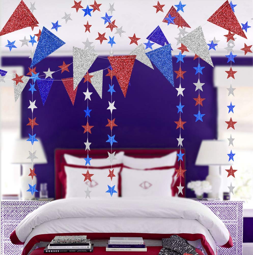 Decor365 Red Blue White/Silver Star Garland Triangle Pennant Banner Kit 4th/Fourth of July USA America Independent Day Celebration Decor Party Hanging Decoration for Bithday/Wedding/Home/Cavinal/Home Decor365