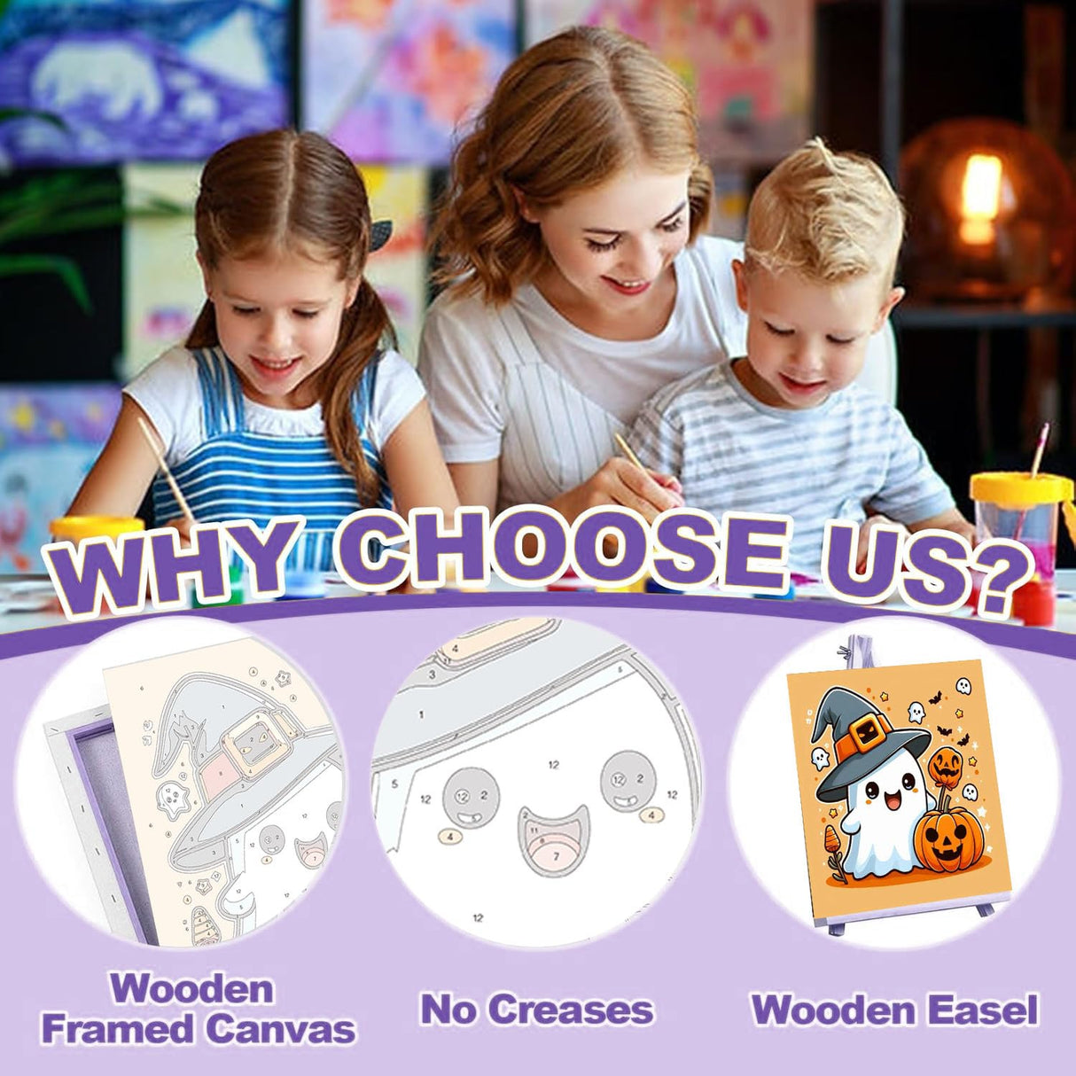 cviokrdu Halloween Paint by Numbers Kit for Kids with Frame - Wooden Easel, Ghosts Paint by Numbers for Kids Ages 4 8 12, Easy Acrylic Oil Painting Kits for Home Wall Decoration 8x8 inch cviokrdu