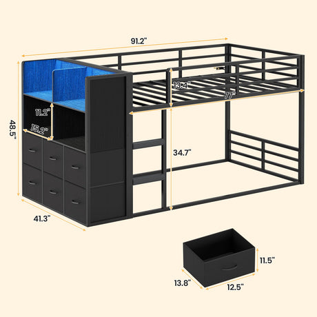 BTHFST Twin Over Twin Bunk Bed with Storage Drawers & Open Storage Shleves with LED Lights, Metal Black Low Bunk Bed Safety Ladder and 13.4" H Guardrail, Space Saving BTHFST