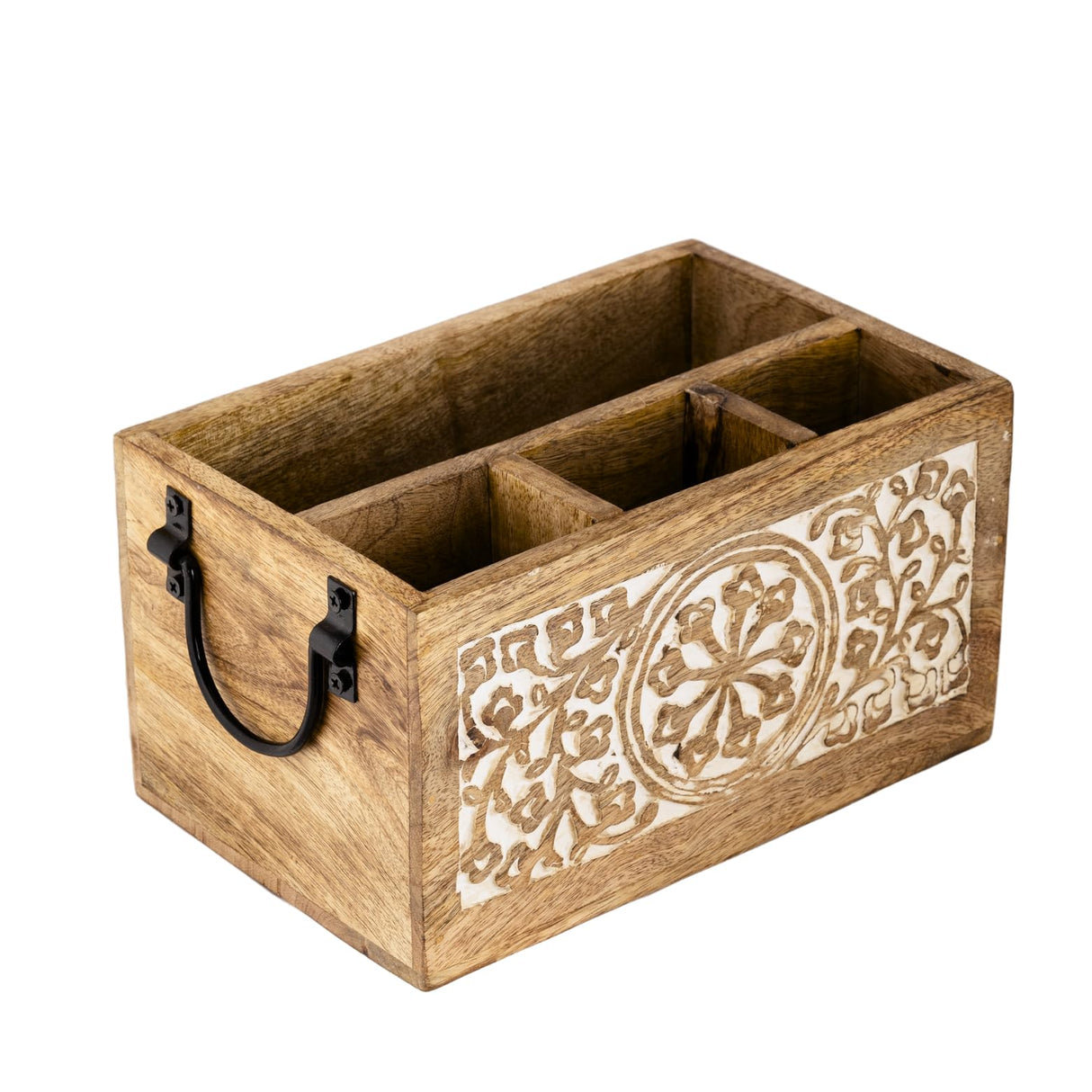 Mie Creations 4 Compartment Wooden Silverware Caddy Utensil Holder, Farmhouse Cutlery Flatware Organizer, Decorative Wood Caddy with Metal Handles for Kitchen Countertop, Picnic, Buffet Party- White Mie Creations