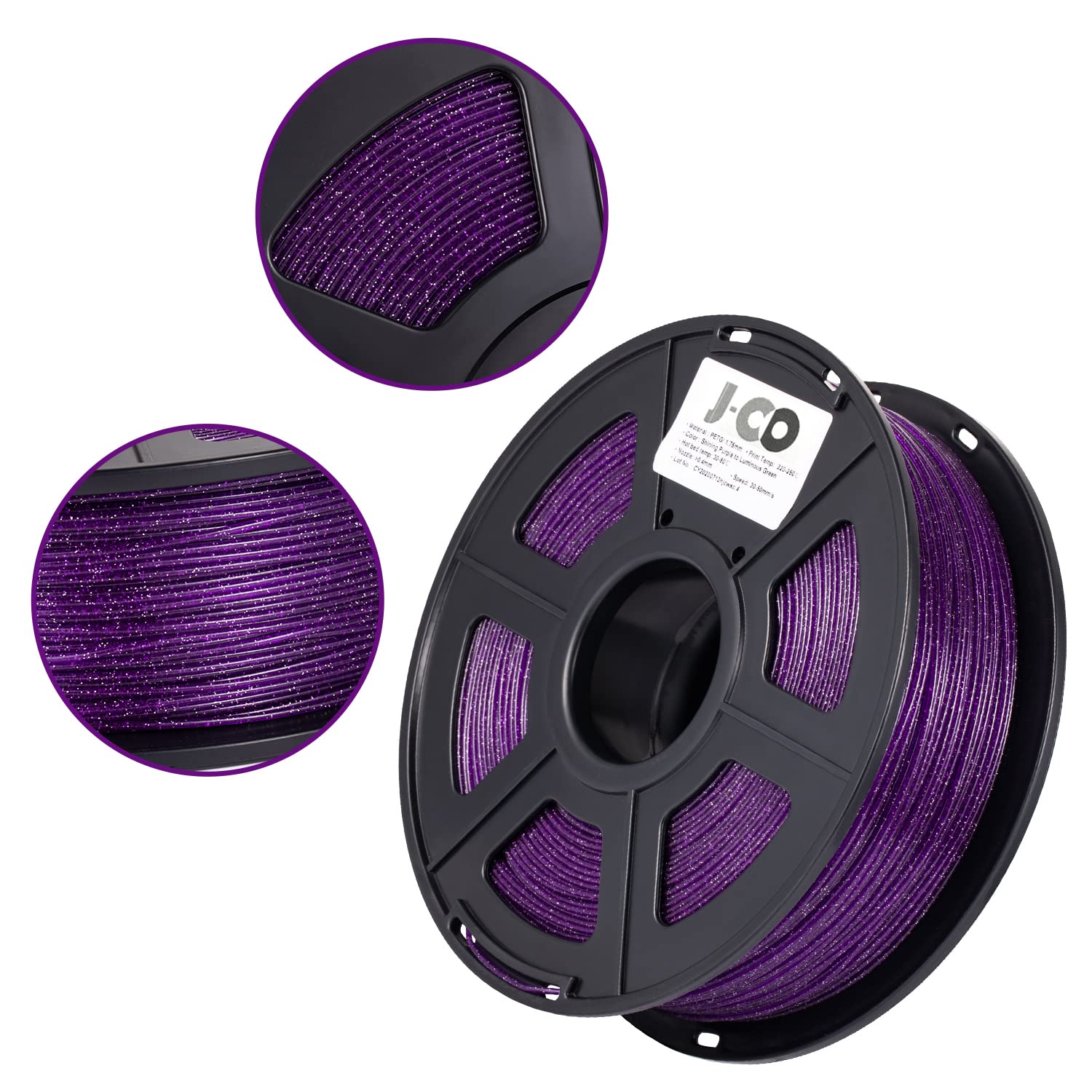 J-CD 3D Printer PETG Filament, Sparkly Glitter Purple, Shining Glow in The Dark Green, 1.75mm, 2.2LBS(1KG)/Spool - WoodArtSupply