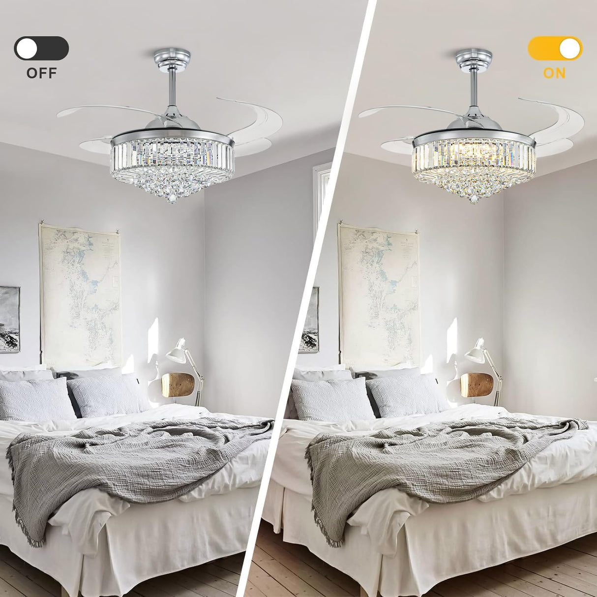 Moooni Modern 48 Inch Dimmable Crystal Fandelier, Retractable Blades Ceiling Fans with Light and Remote, Invisible LED Ceiling Fan Light Kit for Bedroom-Polished Chrome Moooni