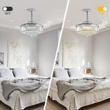 Moooni Modern 48 Inch Dimmable Crystal Fandelier, Retractable Blades Ceiling Fans with Light and Remote, Invisible LED Ceiling Fan Light Kit for Bedroom-Polished Chrome Moooni