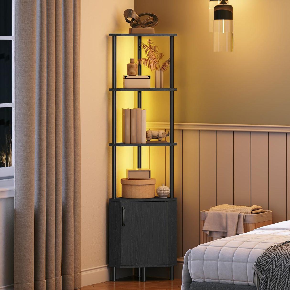 HOOBRO Corner Cabinet with LED Light, Corner Shelf Stand with Storage and Doors, 5-Tier Industrial Corner Bookshelf, 59” Tall Display Rack Shelf, for Living Room, Kitchen, Black BB147DCJ01 HOOBRO