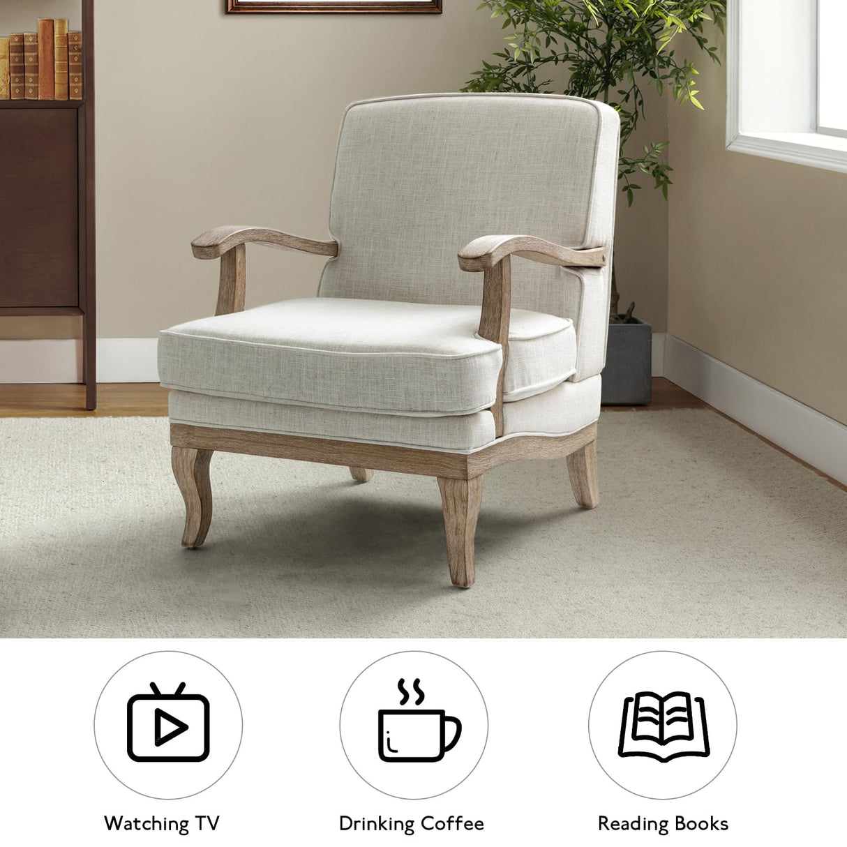 HULALA HOME Mid-Century Modern Accent Chair, Upholstered Living Room Lounge Chair, Lounge Armchair with Romantic Stripes & Solid Wood Legs, Living Room Bedroom Single Sofa Chair (Ivory) HULALA HOME