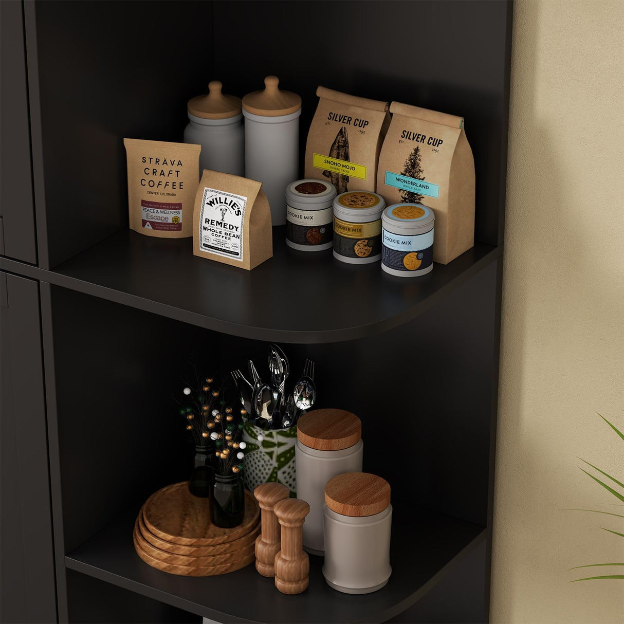 Loomie Kitchen Pantry Storage Cabinet, 64" Tall Freestanding Cupboard with Doors & Adjustable Shelves, Food Pantry Cabinet with 5-Tier External Shelf for Dining Room, Living Room (Black) Loomie