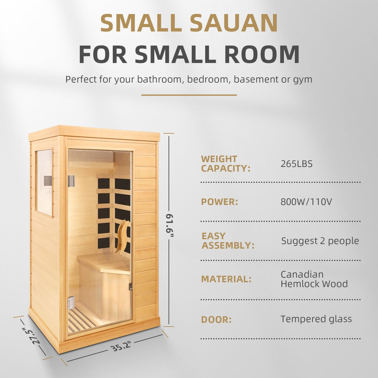 HomeMiYN Far Infrared Saunas for Home, 1 Person Canadian Hemlock Wood Low EMF Dry Sauna Room Indoor Mini Personal Sauna with Carbon Heaters, Control Panel, Bluetooth Speakers, 800W/110V HomeMiYN