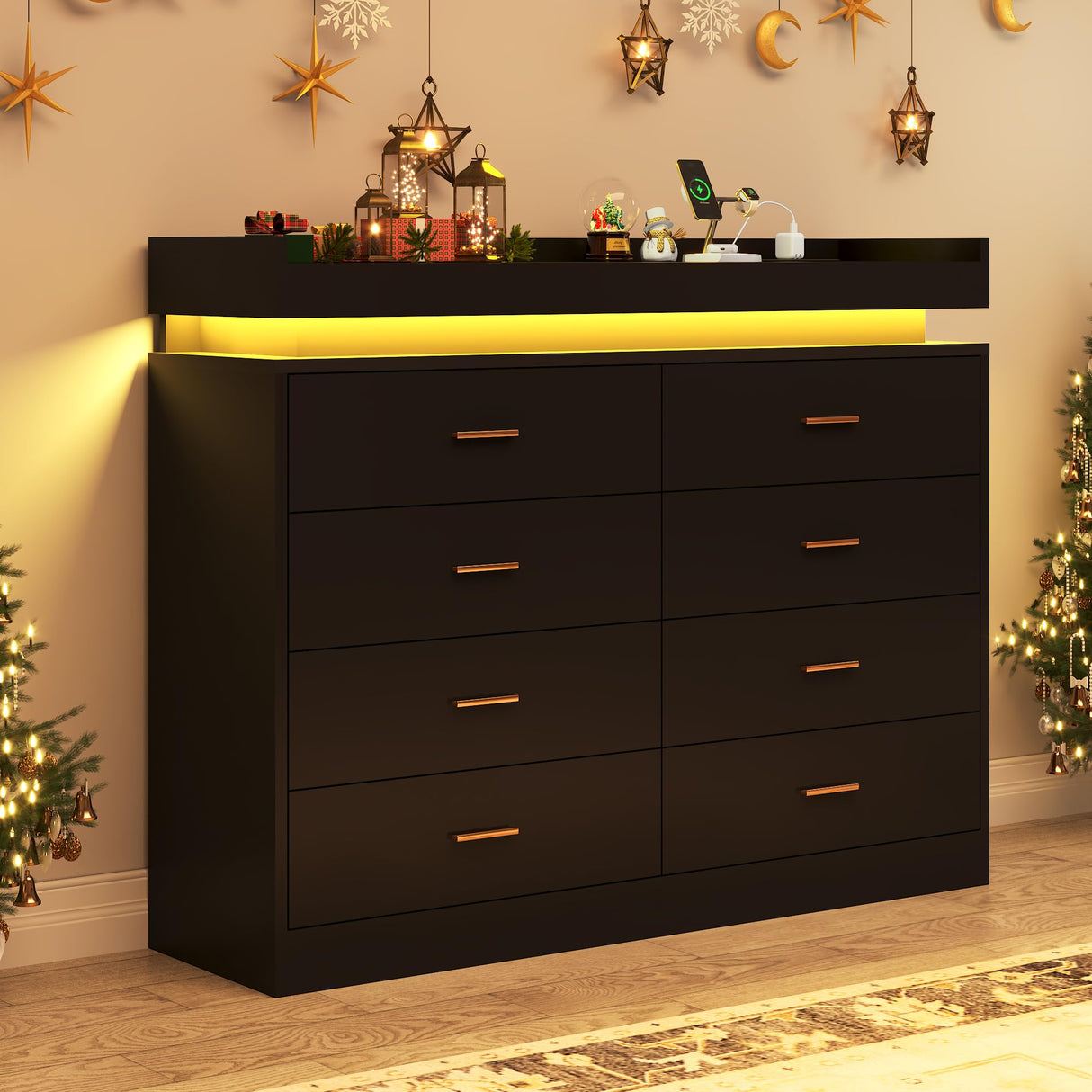 jiteentarou 8 Drawer Dresser with Charging Station and LED Lights, Modern Chest of Drawers with Power Outlet, Organizer Cabinet for Bedroom, Living Room, Black jiteentarou