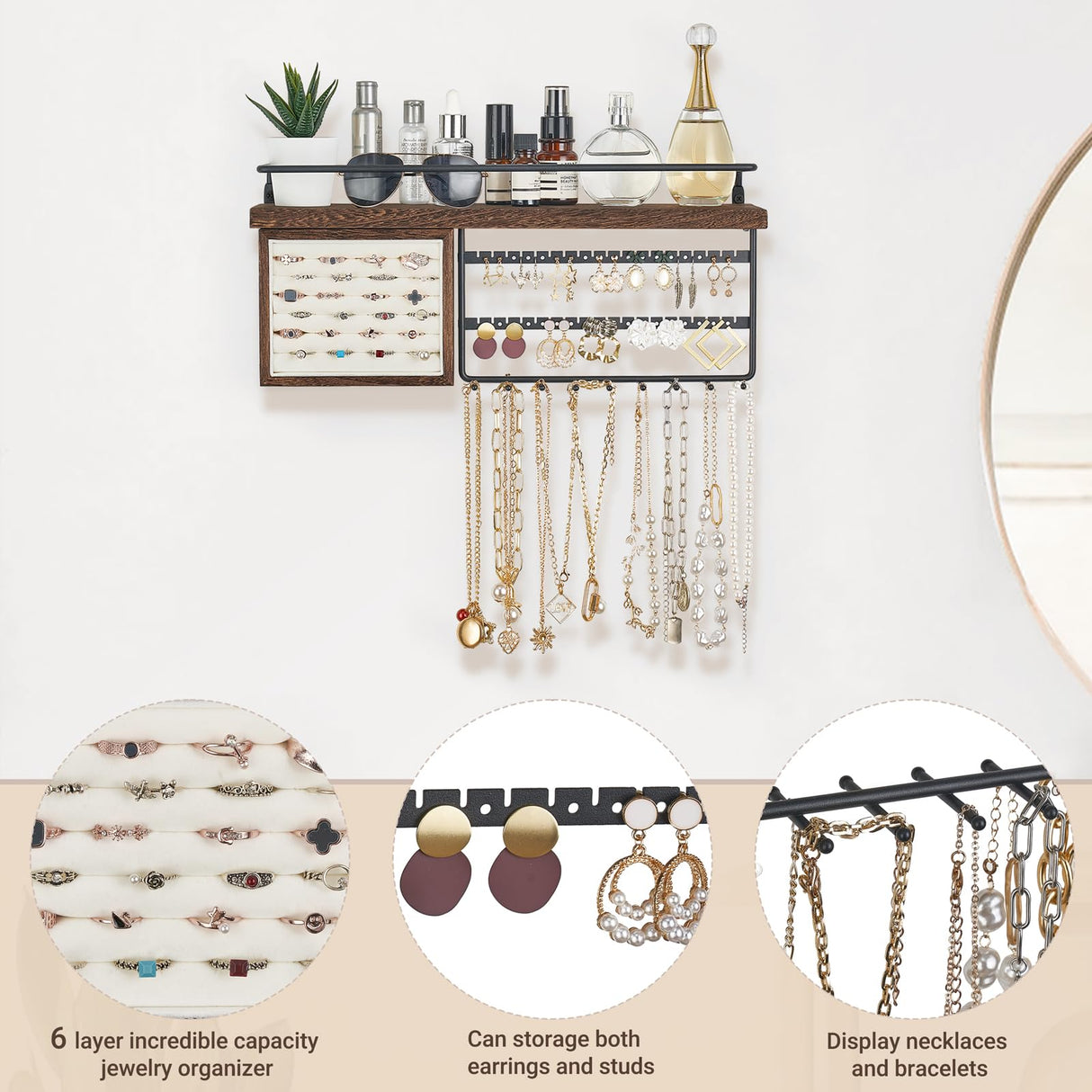 Mkono Hanging Jewelry Organizer Wall Mounted Jewelry Organizer Necklace Holder with Rustic Wood Shelf, Ring Display Box, Ear Studs Earring Holder Bracelet Organizer Mkono