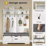 UPOSOJA Hall Tree with Bench and Shoe Storage, Entryway Bench with Coat Rack, Modern Farm House Barn Door 3-in-1 Hall Tree with Storage Cushioned Bench Stool and Hooks for Hallway, Living Room (60IN) UPOSOJA