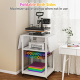 Foldable Heat Press Stand with Charging Station, 3 Tier Movable Heat Press Table with Vinyl Roll Holder, Heavy Duty Metal Shelf Cart for DIY Sublimation Transfer Machine and Printer, White knoworld