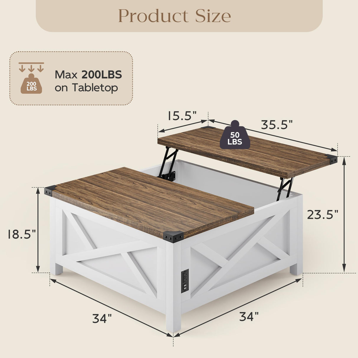 MU Lift Top Coffee Table, Square Coffee Table with Hidden Storage, Farmhouse Wood Table with Charging Station and Barn Door for Living Room, White MU