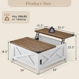 MU Lift Top Coffee Table, Square Coffee Table with Hidden Storage, Farmhouse Wood Table with Charging Station and Barn Door for Living Room, White MU