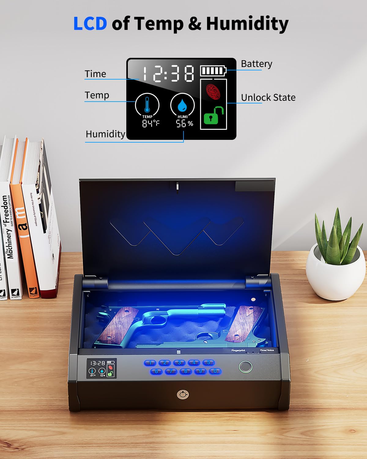 movgul Gun Safes, Biometric Pistol Safe with LCD Display of Temperature Humidity USB Port, Gun Safes 3 Ways Quick Access Fingerprint Handgun Safe for Nightstand Car movgul