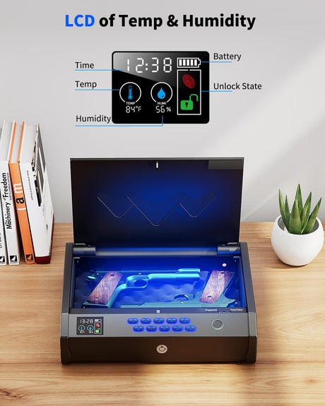movgul Gun Safes, Biometric Pistol Safe with LCD Display of Temperature Humidity USB Port, Gun Safes 3 Ways Quick Access Fingerprint Handgun Safe for Nightstand Car movgul