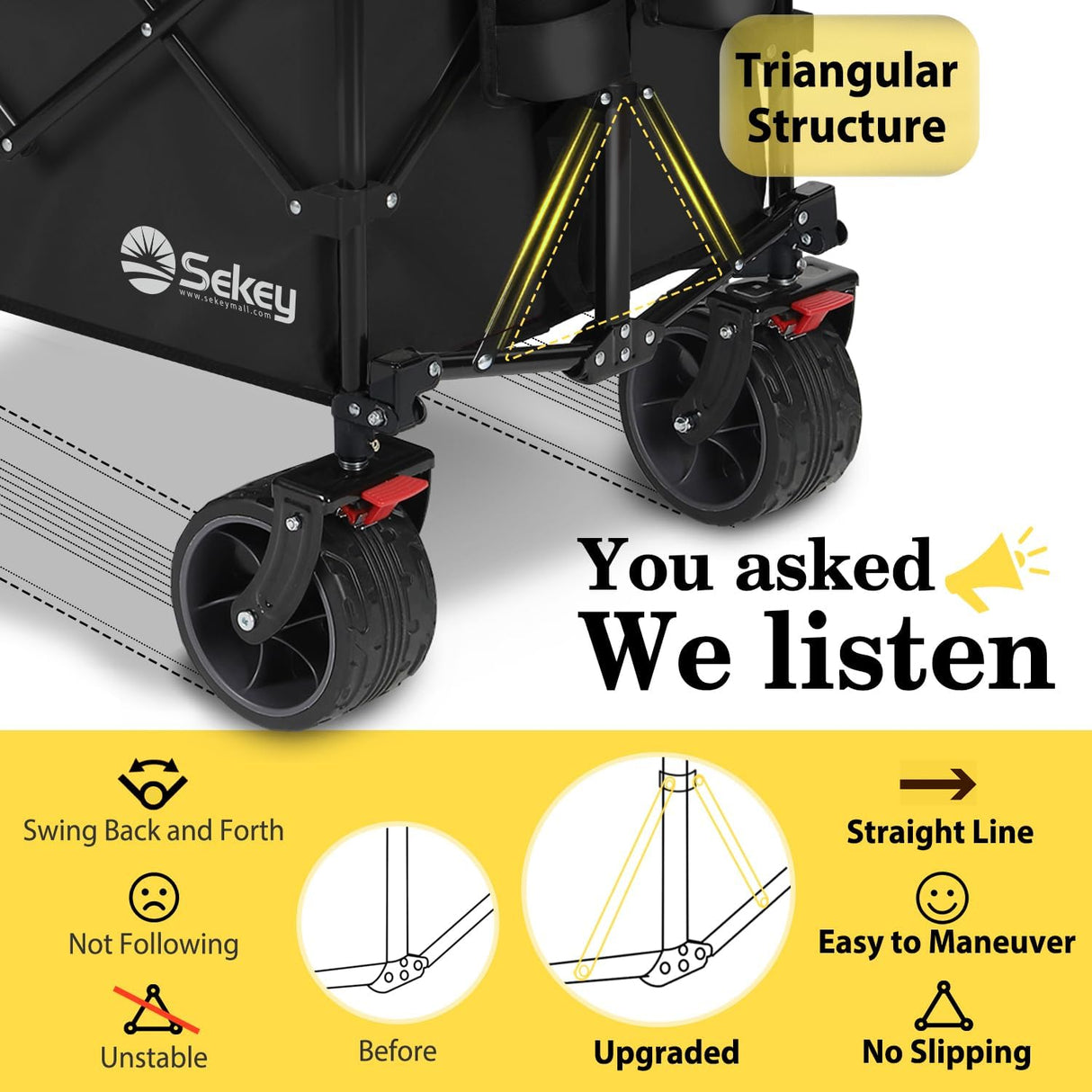Sekey 48''L Collapsible Foldable Extended Wagon with 440lbs Weight Capacity, Heavy Duty 300L Folding Utility Garden Cart with Big All-Terrain Beach Wheels & Drink Holders. Black Sekey