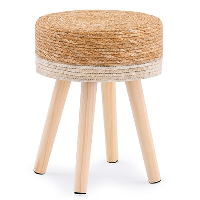 LGENHOOM Handwoven Outdoor Ottoman, Water Hyacinth Pouf Round Patio Footstool with Wood Legs, 17-Inch Multipurpose Vanity Stool, Dining Chair, Patio Footrest for Balcony and Garden, White