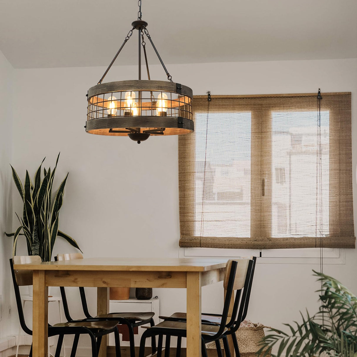 LamQee 5-Lights Rustic Farmhouse Chandeliers for Dining Room Over Table Wood and Metal Chandelier for Foyer Round Wooden Lights Fixture Large Drum Hanging Lighting Entryway Hallway Kitchen 18.9 Inch LamQee