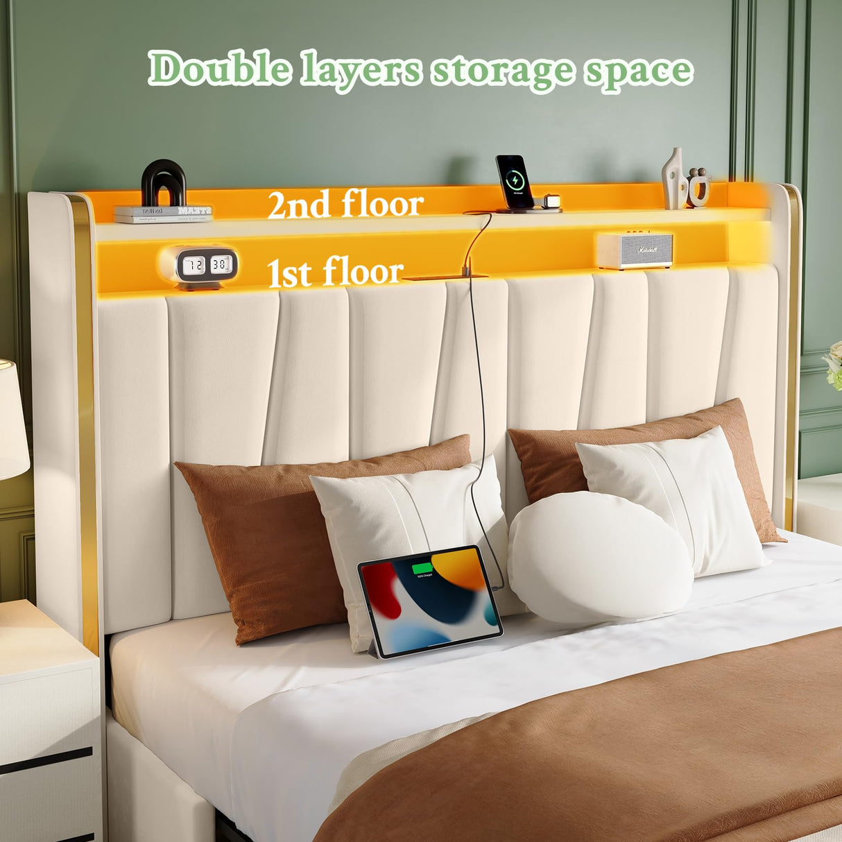 koorlian Queen Bed Frame with 4 Dustproof Drawers and 2-Tier Storage Headboard, 51”Tall Upholstered Platform Bed Frame with Adjustable Headboard, Charging Station, LED Lights, Easy Assembly, Beige koorlian