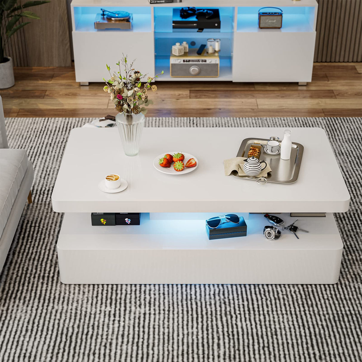 IKIFLY LED High Glossy Coffee Table, Modern Coffee Table for Living Room with 16 Colors LED Lights, 2 Tiers Rectangle Design, White IKIFLY