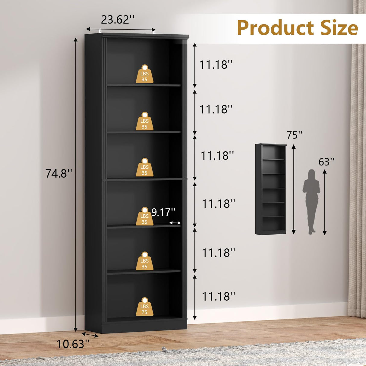 Thacuok 75" Tall Bookshelf & Bookcase, 6-Tier Adjustable Storage Shelves, Book Shelf with Anti-Tipping Device, Modern Display Rack for Living Room, Bedroom, Office Thacuok