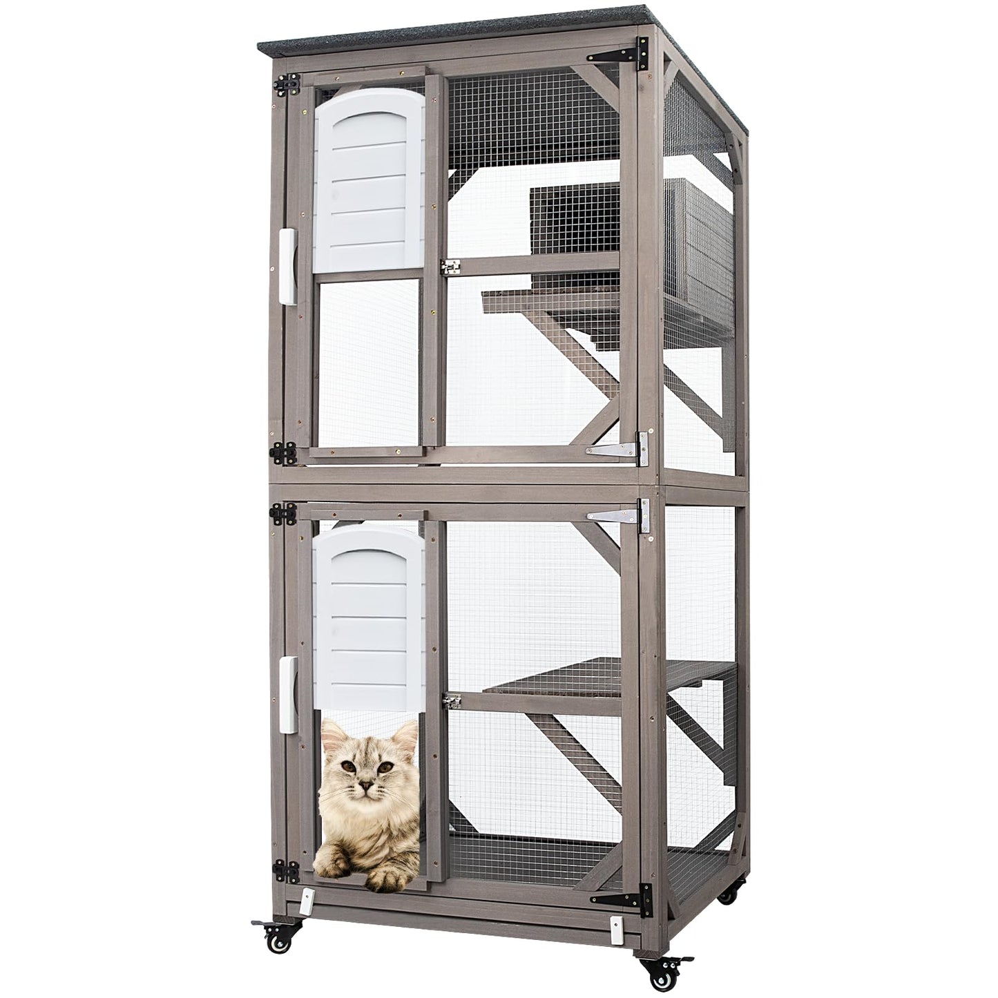 PetsCosset 71" Cat House Outdoor, Large Catio for Cats Indoor Outdoor Enclosure on Wheels, Outside Cat Home Enclosure with Removing Tray Weatherproof Window Catio for Cats-71 H