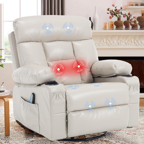 linting Massage Rocking Recliner Chair with Heat Faux Leather Comfortable Beige Massaging Manual Swivel Rocker Recliner with Cup Holders, Reclining Glider Chairs linting