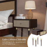 Bme Nipe Solid Wood and Rattan Boho Nightstand with Drawer, Walnut Finish Bme