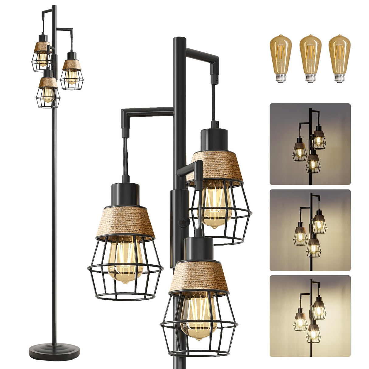 Oneach 68" Floor Lamps for Living Room, Stepless Dimmable Boho Floor Lamp with 3 Bulbs, Tall Farmhouse Industrial Corner Standing Tree Lamp for Bedroom, Office, Study Room, Dining Room, Black Oneach