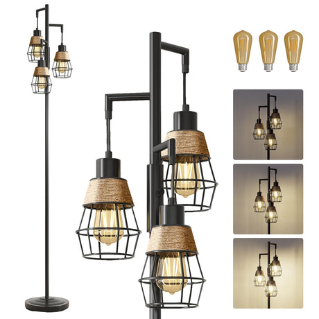 Oneach 68" Floor Lamps for Living Room, Stepless Dimmable Boho Floor Lamp with 3 Bulbs, Tall Farmhouse Industrial Corner Standing Tree Lamp for Bedroom, Office, Study Room, Dining Room, Black Oneach