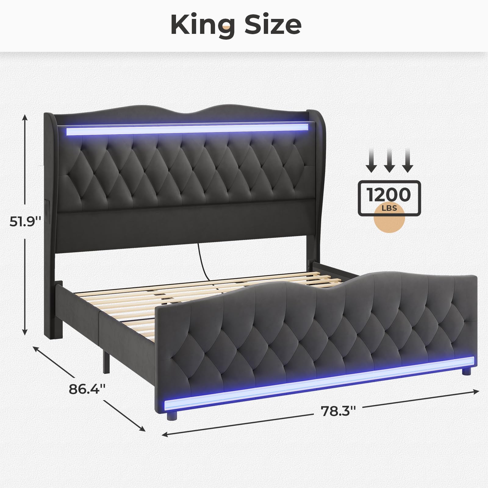 ADORNEVE Velvet King Bed Frame with LED Lighting, Storage Headboard & Charging Station - Dark Grey Wingback Design - WoodArtSupply