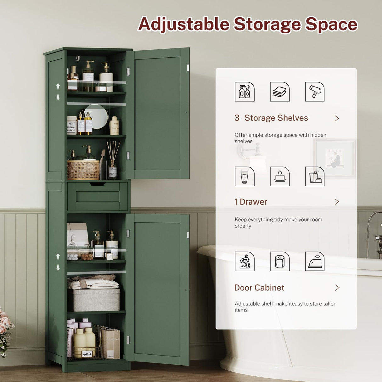 TEENFON Tall Bathroom Cabinet with 2 Doors & 1 Drawer, Narrow Bathroom Storage Cabinet with Adjustable Shelves, for Living Room, Entryway, Kitchen, Forest Green TEENFON