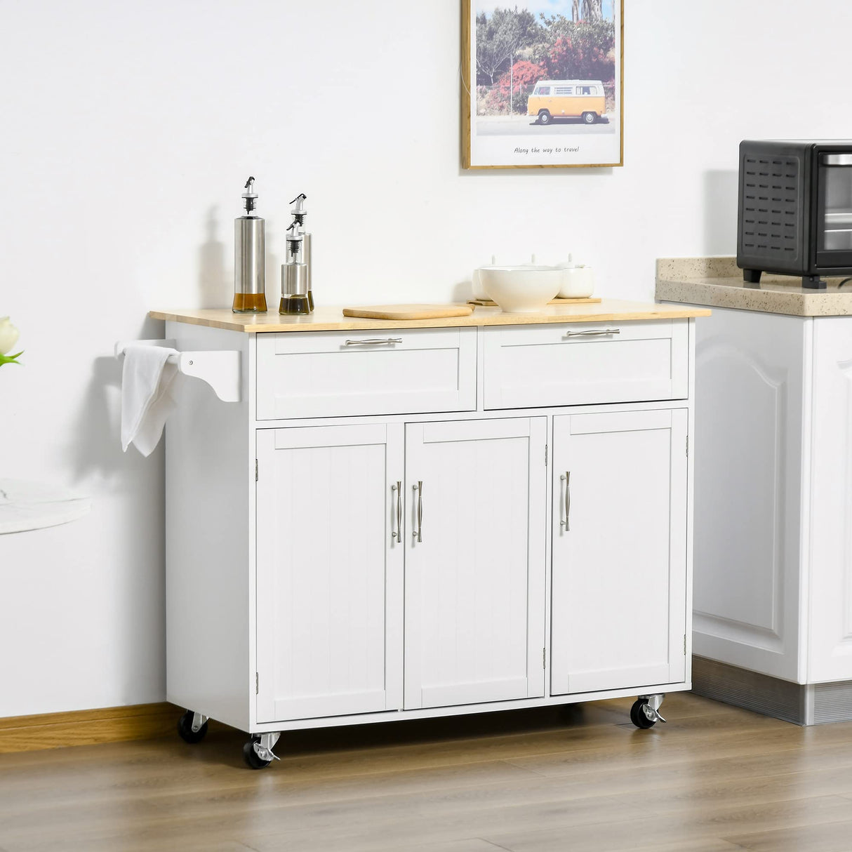 HOMCOM Mobile Kitchen Island with Storage, Kitchen Cart with Wood Top, Storage Drawers, 3-door Cabinets, Adjustable Shelves and Towel Rack, White HOMCOM