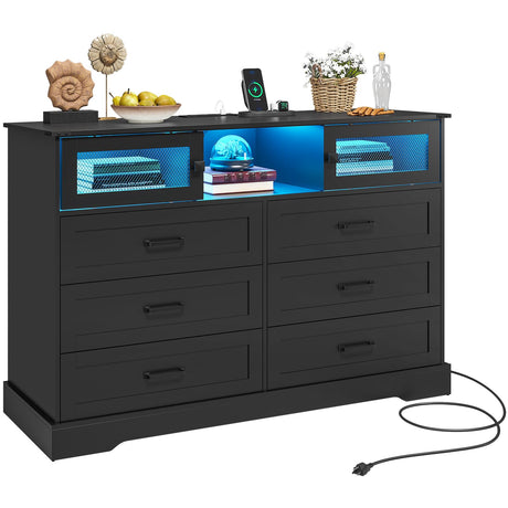 Hasuit 6 Drawer Dresser with LED Lights and Charging Station, Farmhouse Chest of Drawers Closet Organizer, Clothes Storage Cabinet Double Dressers for Bedroom, Living Room, Hallway, Black Hasuit