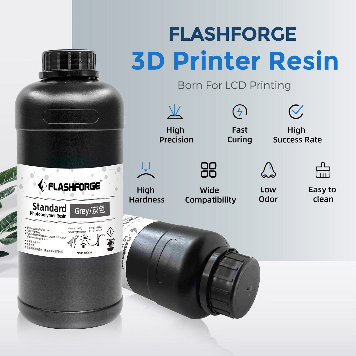 FLASHFORGE 3D Printer Resin, LCD UV-Fast-Curing Resin 405nm Standard Photopolymer Resin for LCD 3D Printing with High Precision Printing, Low Odor (Grey, 2000G)