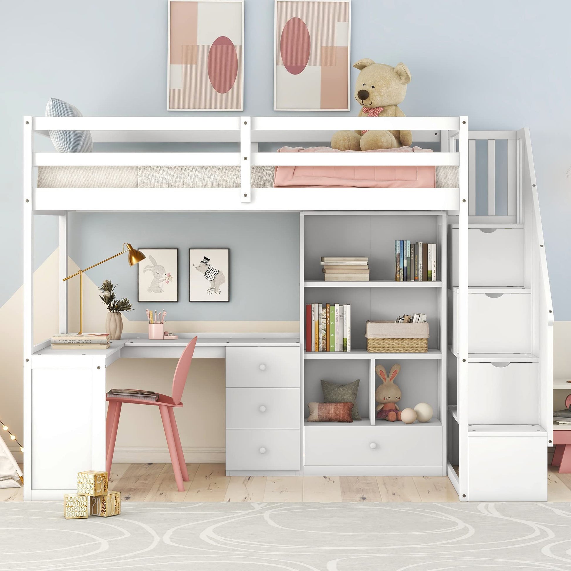 VilroCaz Twin Size Loft Bed with L-Shaped Desk, Storage Staircase, and Cabinet in White - WoodArtSupply