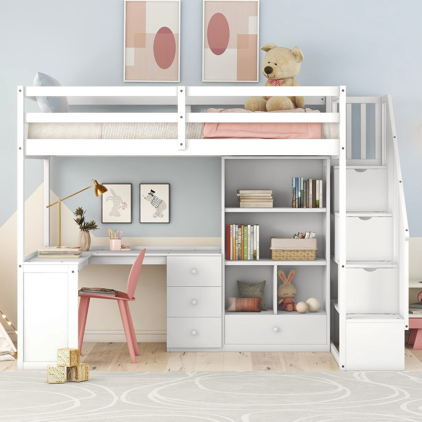 Twin Size Wooden Loft Bed with L-Shaped Desk and Storage Stairs in White