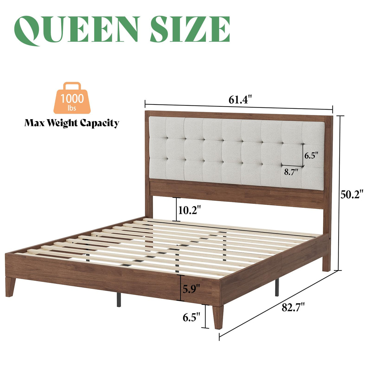 AMERLIFE Queen Size Solid Wood Bed Frame with Tall Tufted Headboard, Mid-Century Style, No Box Spring Required, Easy Assembly, Walnut AMERLIFE